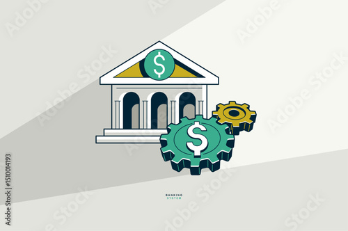 Banking system concept poster, bank building with gears vector icon style illustration, economy federal bank, cogs with bank settings metaphor.