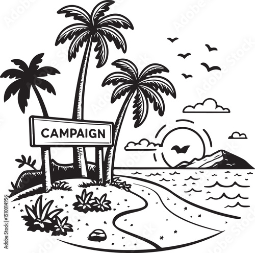 Vector illustration of a tropical island paradise with palm trees, a sandy beach, and a summer sunset over the ocean