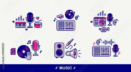 Music and sound producing vector detailed icons set, recording studio mix audio, audio engineering bundle.