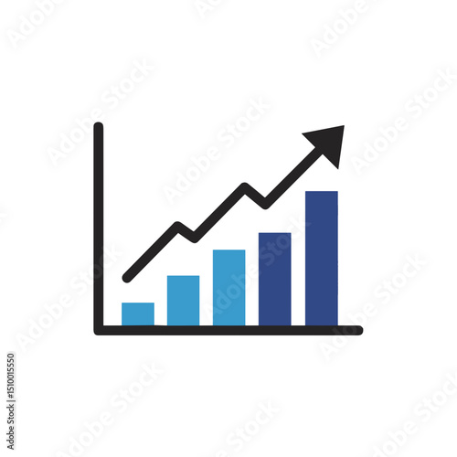 Upward trending line chart with blue bars, business growth concept