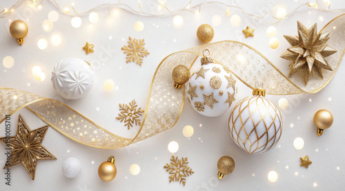 Golden Christmas baubles on snow, festive holiday decoration