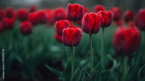 Stunning Red Tulips Field Blooming Spring Flowers