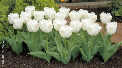Stunning White Tulips in Garden Bed Spring Bloom