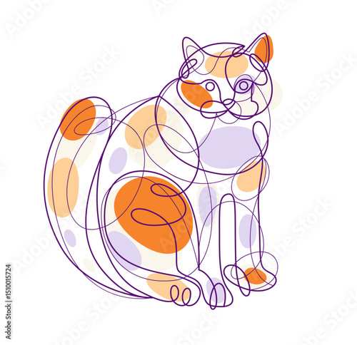 Fat and lazy cat line art vector illustration, linear drawing of pussycat relaxing, minimal outline sketch of cute domestic pet.