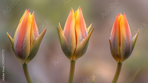 Three Pastel Orange Tulip Buds Close Up