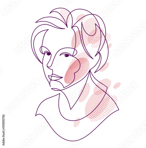 Woman beauty face vector linear illustration, delicate line art of attractive girl portrait, abstract feminine drawing minimal style isolated.