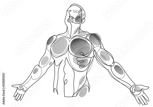 Man with spread hands showing pose of freedom like feeling that he can fly, vector linear illustration, emotional concept of feel free and happy.