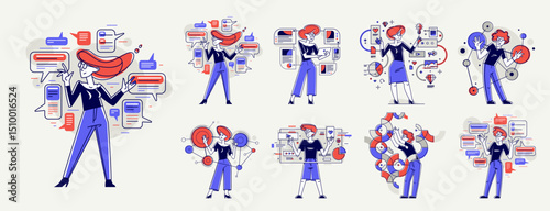Data systematization, collecting and analyzing information, intellectual worker making analysis of some data on pc or web, vector outline illustration set.