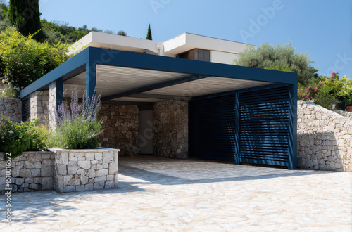 Wallpaper Mural Modern carport with stone walls and greenery, providing stylish shelter for vehicles. design blends nature and architecture Torontodigital.ca