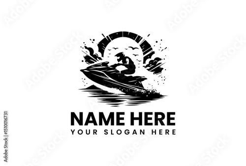 A dynamic vector logo jet ski stencil art with a powerful splash effect