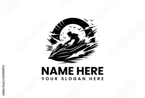 A dynamic vector logo jet ski stencil art with a powerful splash effect