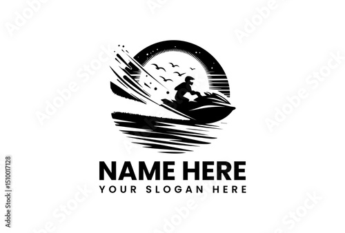 An energetic vector logo jet ski stencil art with a large splash effect