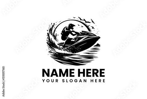 An energetic vector logo jet ski stencil art with a large splash effect