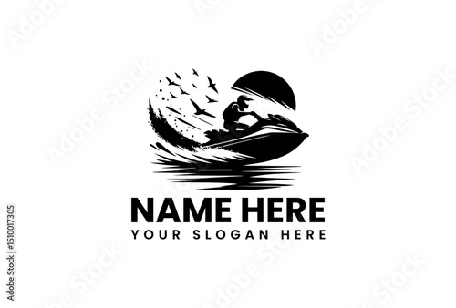 An energetic vector logo jet ski stencil art with a large splash effect