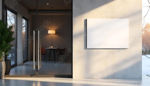 Glass door with steel handles, mockup. Modern office entrance, blank sign on concrete wall, soft winter light, created with generative ai