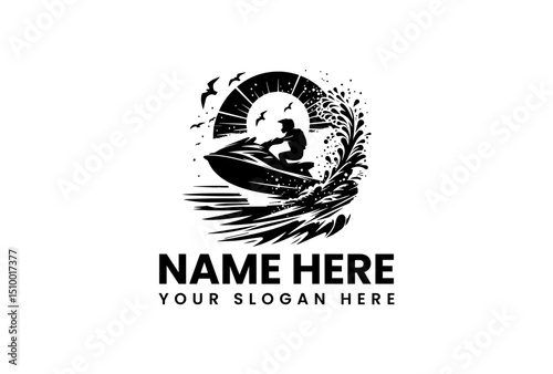 An energetic vector logo jet ski stencil art with a large splash effect