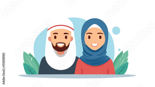 Happy Muslim Couple Cute Illustration
