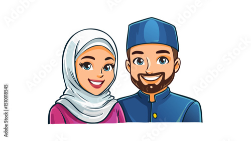 Loving Muslim Couple Cute Avatar Vector
