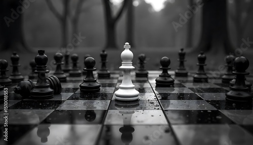 Worn white pawn surrounded by black pieces on a dusty checkerboard in a dim attic,  a chess competition, Intellectual leisure, corporate entertainment, created with generative ai