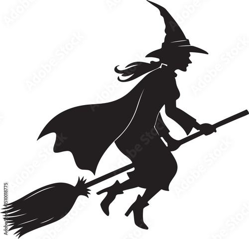 Witch flying on broomstick silhouette for halloween