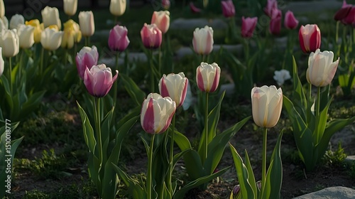 Stunning Pink and White Tulips Blooming in Garden