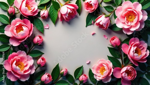 Intricate repeating rose & peony blossoms, lush green leaves , nature, botanical, delicate