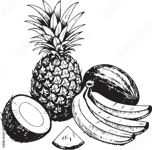 Ripe pineapple and banana fruit illustration isolated on white