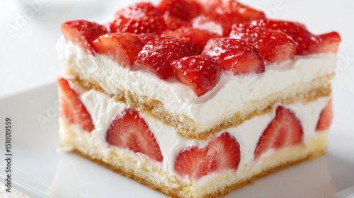 Delicious strawberry cake served on a white plate at a dining table during a sunny afternoon gathering