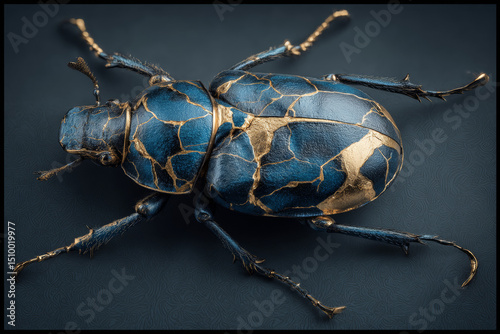 Striking blue and gold beetle showcasing intricate detail and texture against a dark background