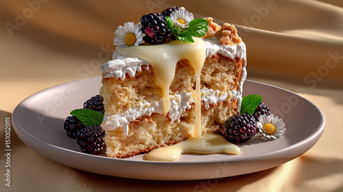 Delicious slice of cake topped with berries and creamy sauce on a smooth plate