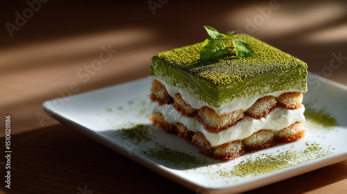 Delicious matcha dessert layered with cream and sponge cake served on a white plate