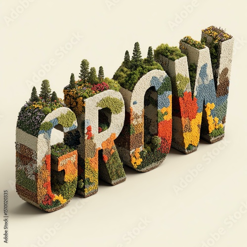 marketing digital A vibrant, artistic representation of the word 'GROW', showcasing lush greenery and colorful flora integrated into the letters, symbolizing nature's beauty.