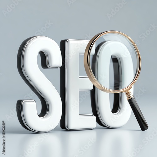 marketing digital A stylized 3D representation of the letters SEO with a magnifying glass highlighting the significance of search engine optimization in digital marketing.