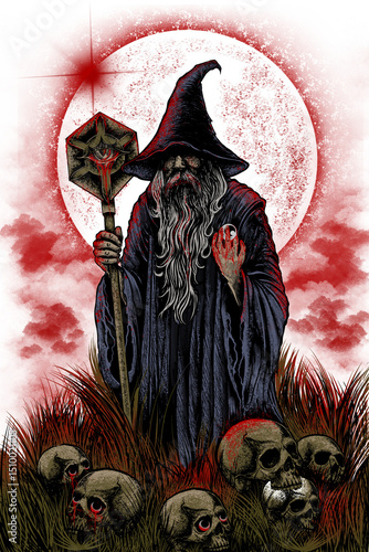 Dark Wizard with Scythe - Red Moon Occult Fantasy