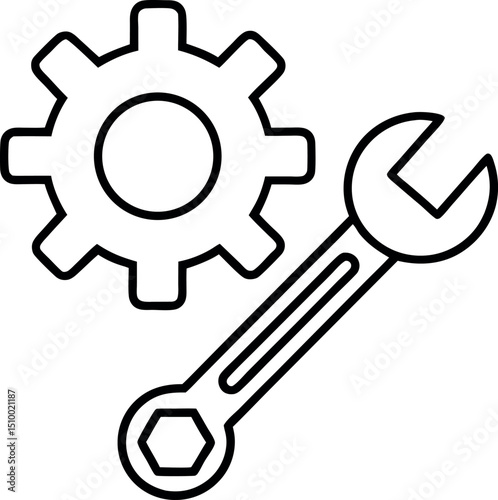 Outline vector of gear with wrench, for technical tools or system config, transparent background.