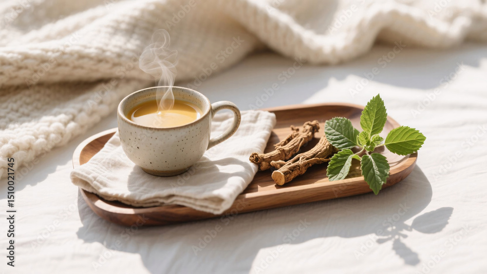 Fototapeta premium Calming postpartum recovery ritual with steaming golden milk, ceramic cup, dried ashwagandha roots, fresh tulsi leaves, wooden tray, linen napkin, soft wool blanket, warm sunlight, minimalist design
