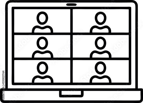 Laptop with participants in outline vector, virtual meeting or webinar, transparent background.