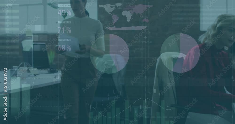 Business headset sparking animated charts while woman guiding junior preparing report annotations