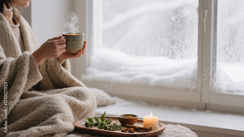 Warm winter morning scene: hands holding steaming Ayurvedic tea in ceramic cup, wool blanket, wooden tray with tulsi, cinnamon, ashwagandha herbs, candlelight glow, soft natural light, neutral tones