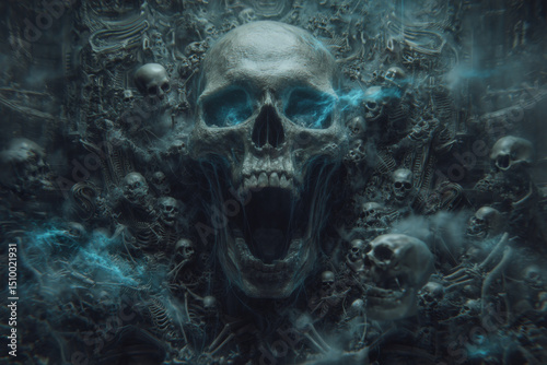 Dark fantasy skull surrounded by skeletons with glowing blue features evokes an eerie atmosphere