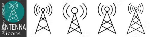Antenna icon set. Wireless communication icons. Tower signal icon, Communication tower icons, Radio tower icons, Isolated on white background.  vector illustration.