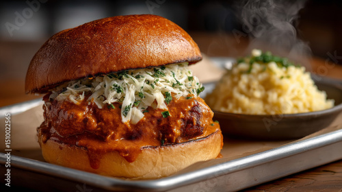 Delicious pulled pork sandwich with creamy coleslaw and side of cheesy rice served in a cozy restaurant