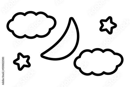 シンプルな月と雲と星のイラスト