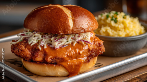 Delicious fried chicken sandwich served with creamy coleslaw and flavorful side of rice in a casual dining setting