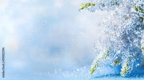 Dewdrops on Dandelion Seeds Blue Background Macro Photography