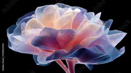 Amyloid plaques Design. Glowing flower with intricate petals in vibrant colors against dark background.
