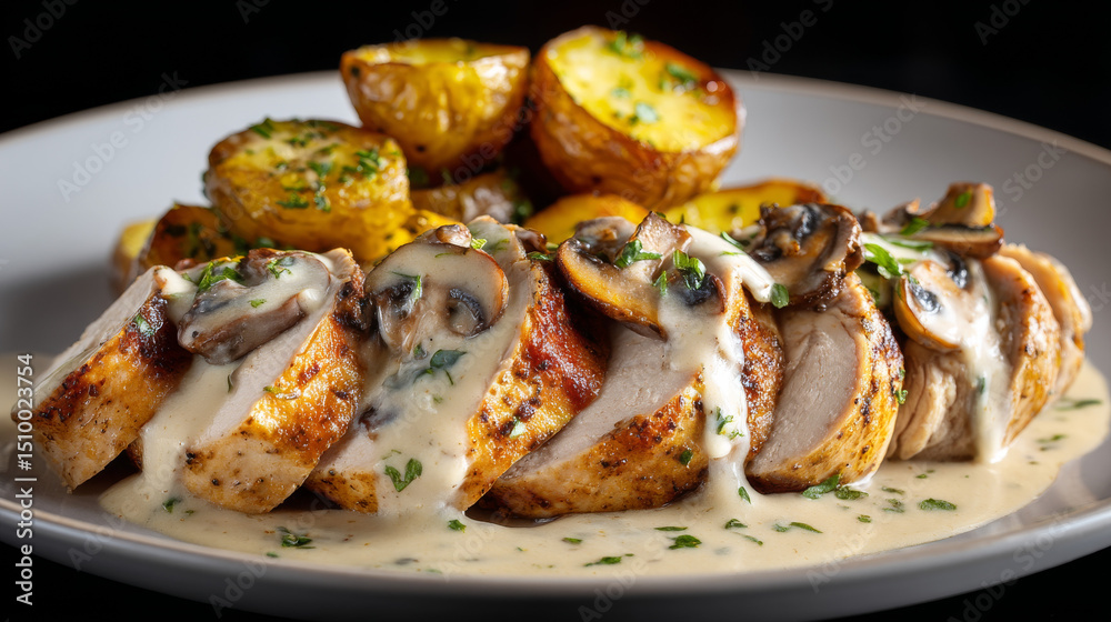 Delicious grilled chicken breast with creamy mushroom sauce served with roasted potatoes Delicious grilled chicken breast with creamy mushroom sauce served with roasted potatoes