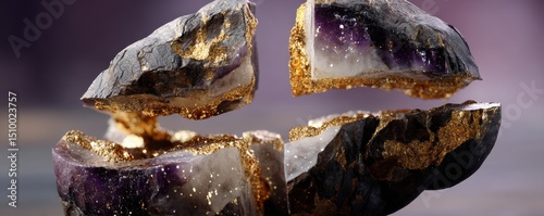 Amyloid plaques Design. Shattered amethyst crystals with intricate textures and colors.