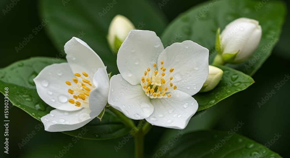 Obraz premium White Flowers Blooming with Raindrops on Petals Close-up