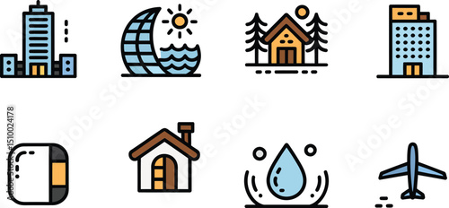 Colorful Flat Icon Illustration of a Modern Skyscraper on Black Background for Urban Architecture and Cityscape Design Projects